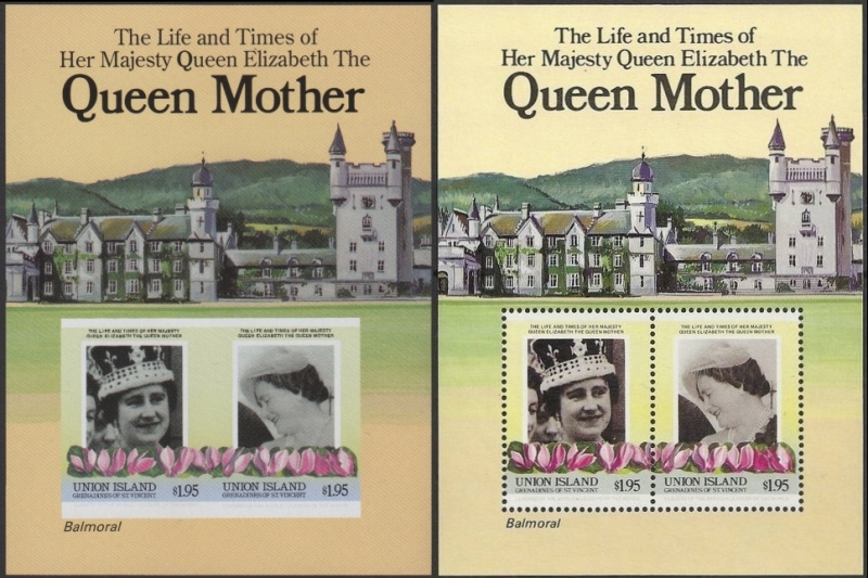 Saint Vincent Union Island 1985 85th Birthday Fake with Original Souvenir Sheet Comparison Saint Vincent Union Island 1985 85th Birthday Fake with Original Souvenir Sheet Comparison
