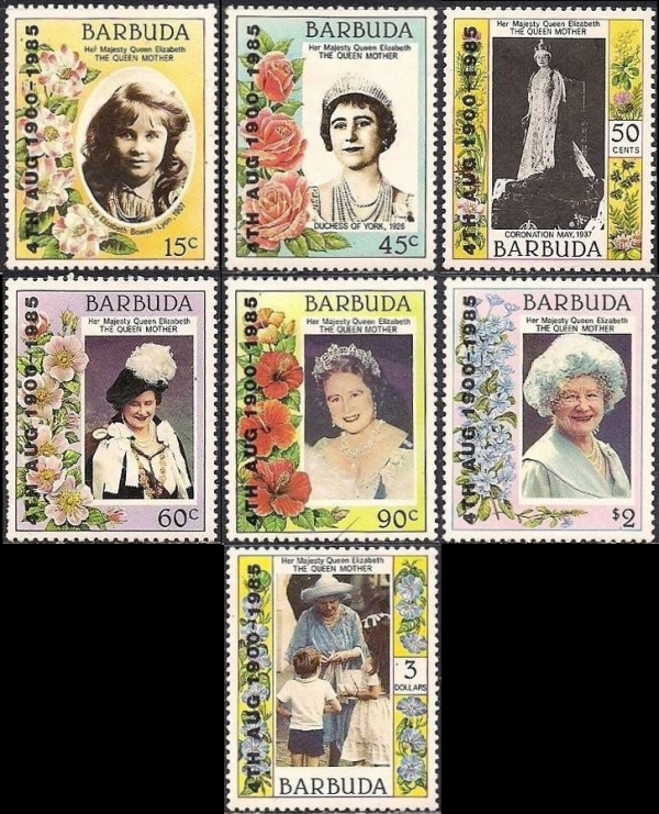 Barbuda 1985 85th Birthday of Queen Elizabeth the Queen Mother 1st Issue Overprinted 4TH AUG 1900-1985 Barbuda 1985 85th Birthday of Queen Elizabeth the Queen Mother 1st Issue Overprinted 4TH AUG 1900-1985