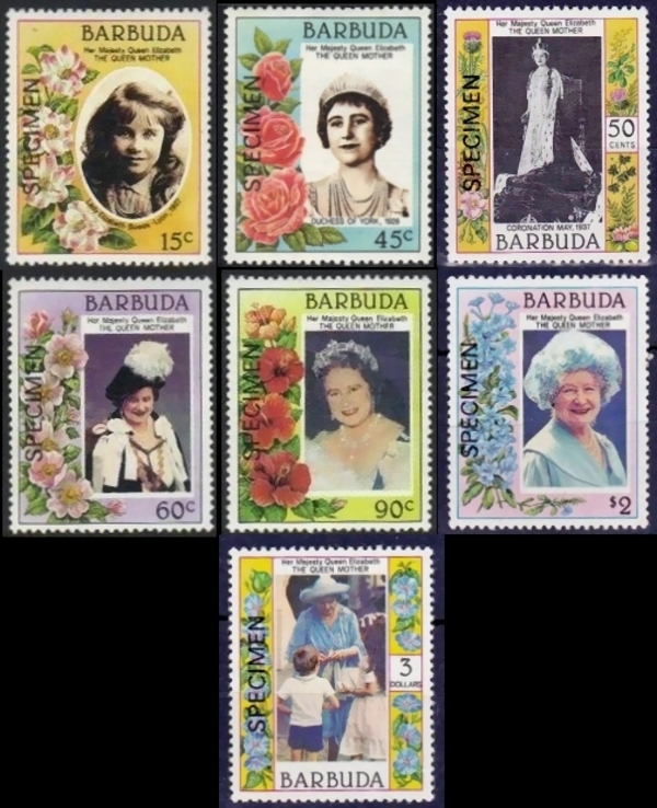 Barbuda 1985 85th Birthday of Queen Elizabeth the Queen Mother 1st Issue SPECIMEN Stamps Barbuda 1985 85th Birthday of Queen Elizabeth the Queen Mother 1st Issue SPECIMEN Stamps