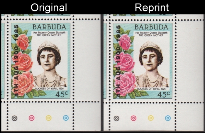 Barbuda 1985 Scott 725 SG 810 Closeup Comparison of the Reprint Stamp Barbuda 1985 Scott 725 SG 810 Closeup Comparison of the Reprint Stamp