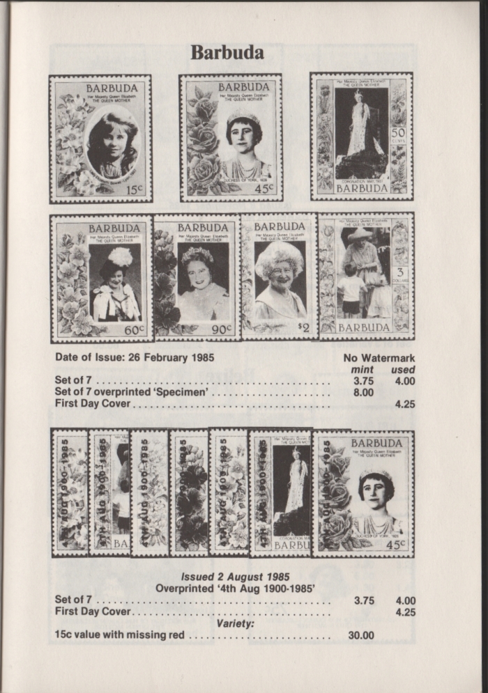 Urch Harris Ad Showing Barbuda 1985 85th Birthday Stamps and Varieties Urch Harris Ad Showing Barbuda 1985 85th Birthday Stamps and Varieties