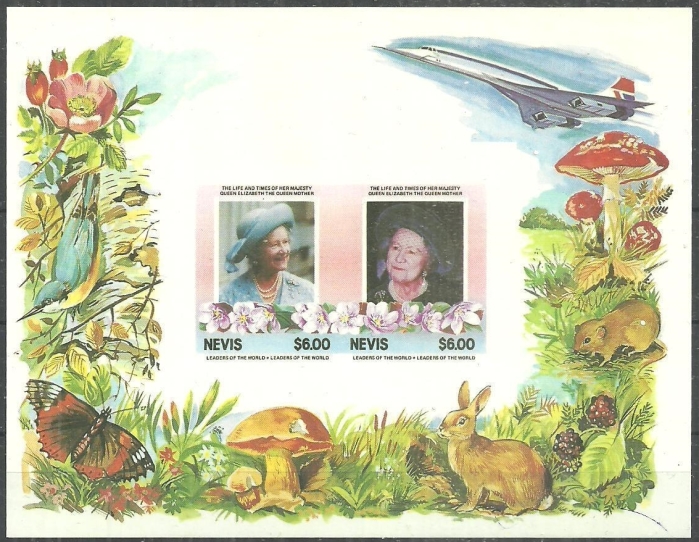 Nevis 1985 85th Birthday of Queen Elizabeth the Queen Mother Imperforate $6.00 Restricted Printing Missing Gold Error Souvenir Sheet Nevis 1985 85th Birthday of Queen Elizabeth the Queen Mother Imperforate $6.00 Restricted Printing Missing Gold Error Souvenir Sheet