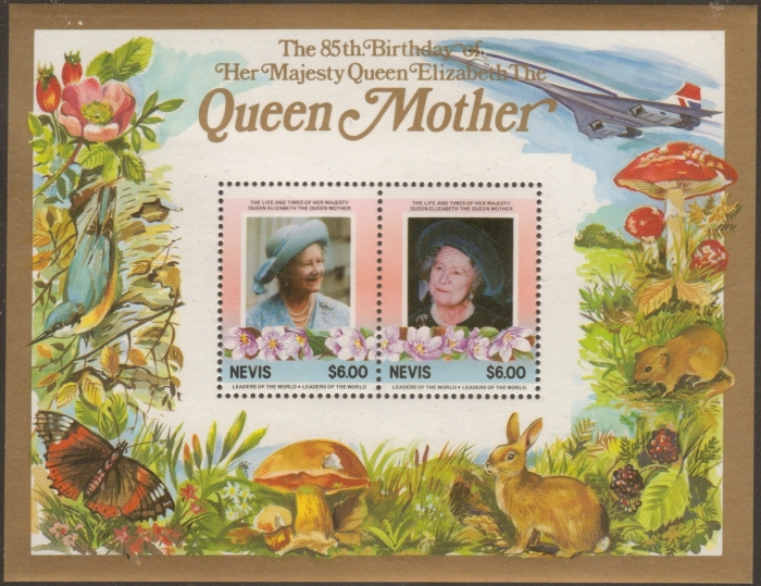 Nevis 1985 85th Birthday of Queen Elizabeth the Queen Mother $6.00 Restricted Printing Souvenir Sheet Nevis 1985 85th Birthday of Queen Elizabeth the Queen Mother $6.00 Restricted Printing Souvenir Sheet