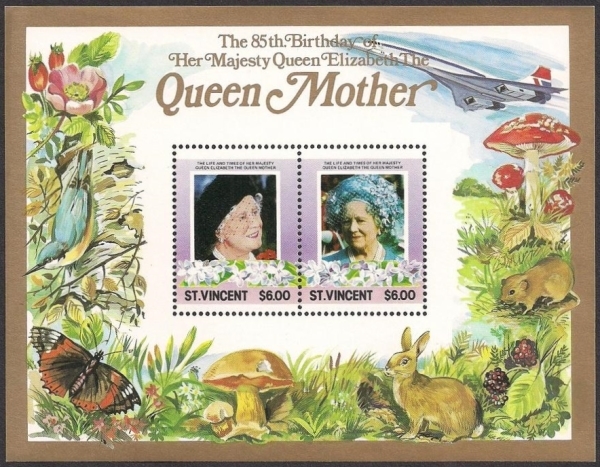 Saint Vincent 1985 85th Birthday of Queen Elizabeth the Queen Mother $6.00 Restricted Printing Souvenir Sheet Saint Vincent 1985 85th Birthday of Queen Elizabeth the Queen Mother $6.00 Restricted Printing Souvenir Sheet