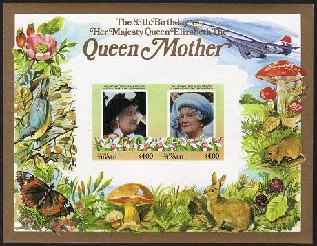 Niutao 1986 85th Birthday of Queen Elizabeth the Queen Mother Imperforate $4.00 Restricted Printing Souvenir Sheet Niutao 1986 85th Birthday of Queen Elizabeth the Queen Mother Imperforate $4.00 Restricted Printing Souvenir Sheet