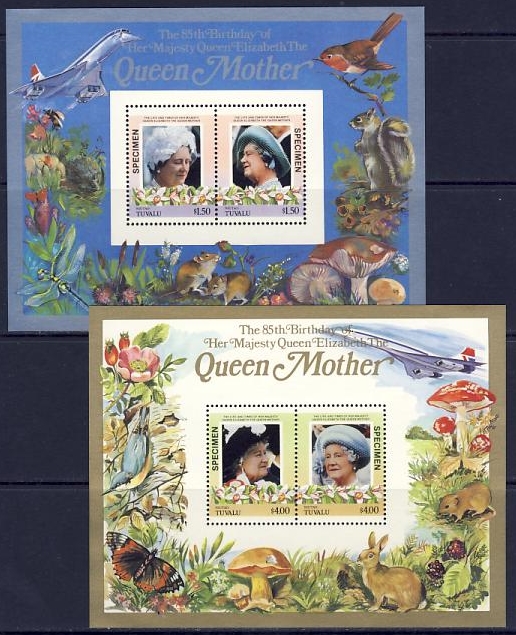 Niutao 1986 85th Birthday of Queen Elizabeth the Queen Mother SPECIMEN Overprinted Restricted Printing Souvenir Sheets Niutao 1986 85th Birthday of Queen Elizabeth the Queen Mother SPECIMEN Overprinted Restricted Printing Souvenir Sheets