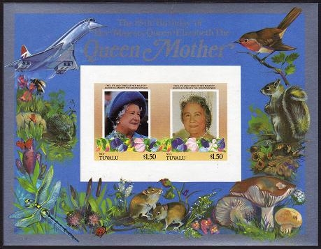 Nui 1986 85th Birthday of Queen Elizabeth the Queen Mother Imperforate $1.50 Restricted Printing Souvenir Sheet Nui 1986 85th Birthday of Queen Elizabeth the Queen Mother Imperforate $1.50 Restricted Printing Souvenir Sheet
