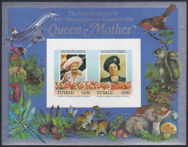 Tuvalu 1985 85th Birthday of Queen Elizabeth the Queen Mother Imperforate $2.00 Restricted Printing Souvenir Sheet Tuvalu 1985 85th Birthday of Queen Elizabeth the Queen Mother Imperforate $2.00 Restricted Printing Souvenir Sheet