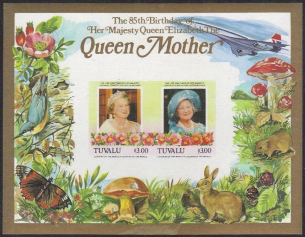 Tuvalu 1985 85th Birthday of Queen Elizabeth the Queen Mother Imperforate $3.00 Restricted Printing Souvenir Sheet Tuvalu 1985 85th Birthday of Queen Elizabeth the Queen Mother Imperforate $3.00 Restricted Printing Souvenir Sheet