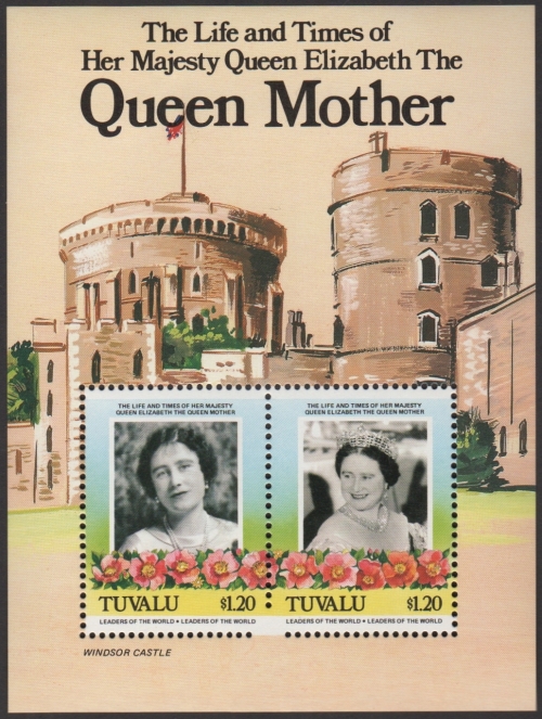 Tuvalu 1985 85th Birthday of Queen Elizabeth the Queen Mother Jumped Perforation Error on the Original Souvenir Sheet Tuvalu 1985 85th Birthday of Queen Elizabeth the Queen Mother Jumped Perforation Error on the Original Souvenir Sheet