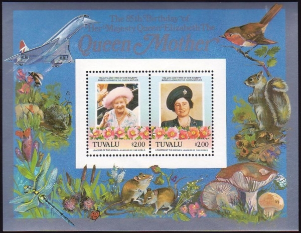 Tuvalu 1985 85th Birthday of Queen Elizabeth the Queen Mother $2.00 Restricted Printing Souvenir Sheet Tuvalu 1985 85th Birthday of Queen Elizabeth the Queen Mother $2.00 Restricted Printing Souvenir Sheet