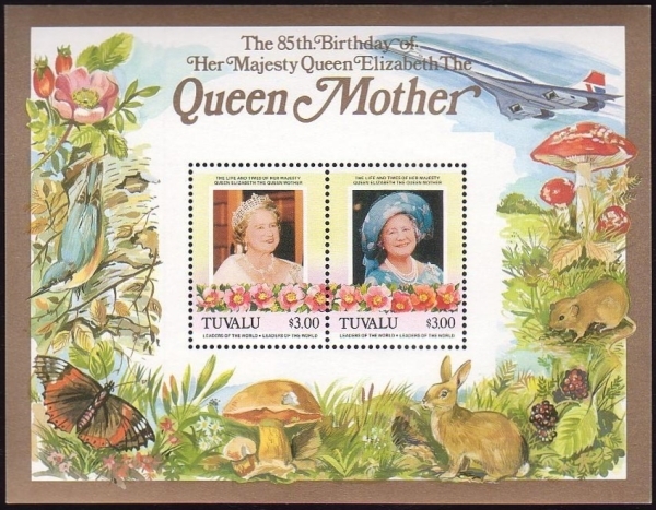 Tuvalu 1985 85th Birthday of Queen Elizabeth the Queen Mother $3.00 Restricted Printing Souvenir Sheet Tuvalu 1985 85th Birthday of Queen Elizabeth the Queen Mother $3.00 Restricted Printing Souvenir Sheet