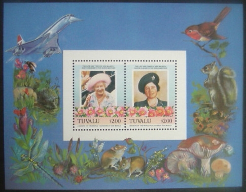 Tuvalu 1985 85th Birthday of Queen Elizabeth the Queen Mother $2.00 Restricted Printing Missing Silver Error Souvenir Sheet Tuvalu 1985 85th Birthday of Queen Elizabeth the Queen Mother $2.00 Restricted Printing Missing Silver Error Souvenir Sheet
