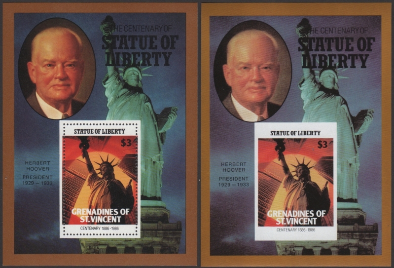 Saint Vincent Grenadines 1986 Centenary of the Statue of Liberty Fake with Original $3 Souvenir Sheet Comparison Saint Vincent Grenadines 1986 Centenary of the Statue of Liberty Fake with Original $3 Souvenir Sheet Comparison