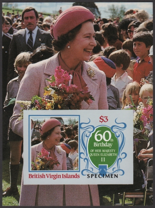 British Virgin Islands 1986 60th Birthday of Queen Elizabeth II Omnibus Series Imperforate SPECIMEN Overprinted Souvenir Sheet British Virgin Islands 1986 60th Birthday of Queen Elizabeth II Omnibus Series Imperforate SPECIMEN Overprinted Souvenir Sheet