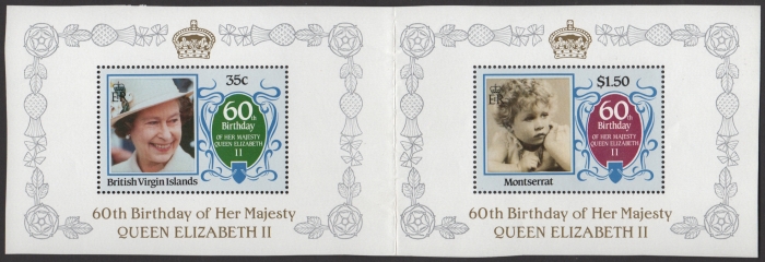 The $1.50 Montserrat 60th Birthday paired with the 35c British Virgin Islands 60th Birthday from Composite Press Sheet The $1.50 Montserrat 60th Birthday paired with the 35c British Virgin Islands 60th Birthday from Composite Press Sheet