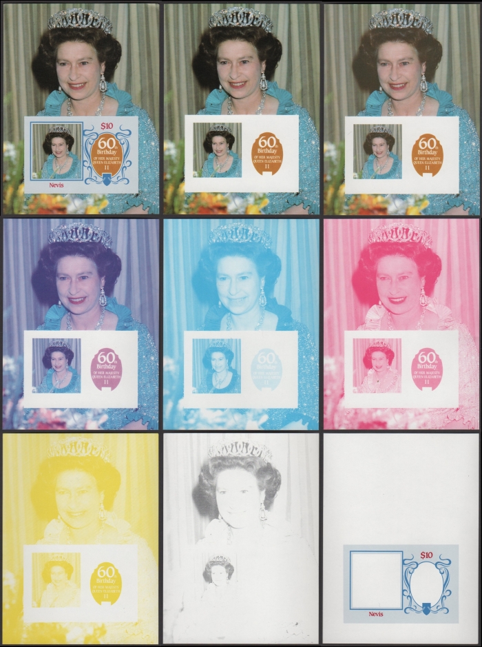 Nevis 1986 60th Birthday of Queen Elizabeth II Omnibus Series Progressive Color Proofs of the Souvenir Sheet