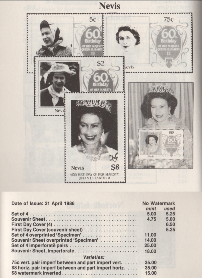 Urch Harris Ad Showing Nevis 1986 60th Birthday Stamps and Varieties