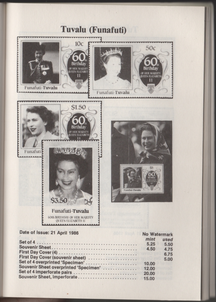 Urch Harris Ad Showing Tuvalu Funafuti 1986 60th Birthday Stamps and Varieties
