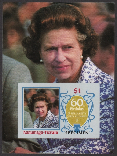Nanumaga 1986 60th Birthday of Queen Elizabeth II Omnibus Series Imperforate SPECIMEN Overprinted Souvenir Sheet Nanumaga 1986 60th Birthday of Queen Elizabeth II Omnibus Series Imperforate SPECIMEN Overprinted Souvenir Sheet