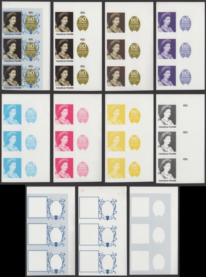 The Unique Nukufetau 1986 60th Birthday 40c Progressive Color Proof Strips of 3 Set