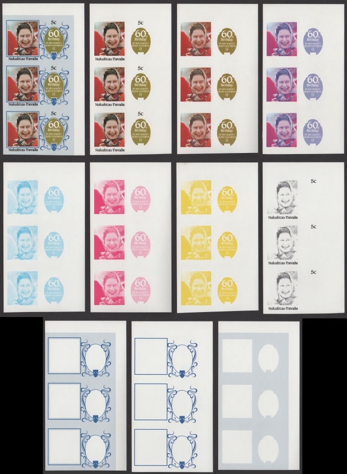 The Unique Nukufetau 1986 60th Birthday 5c Progressive Color Proof Strips of 3 Set