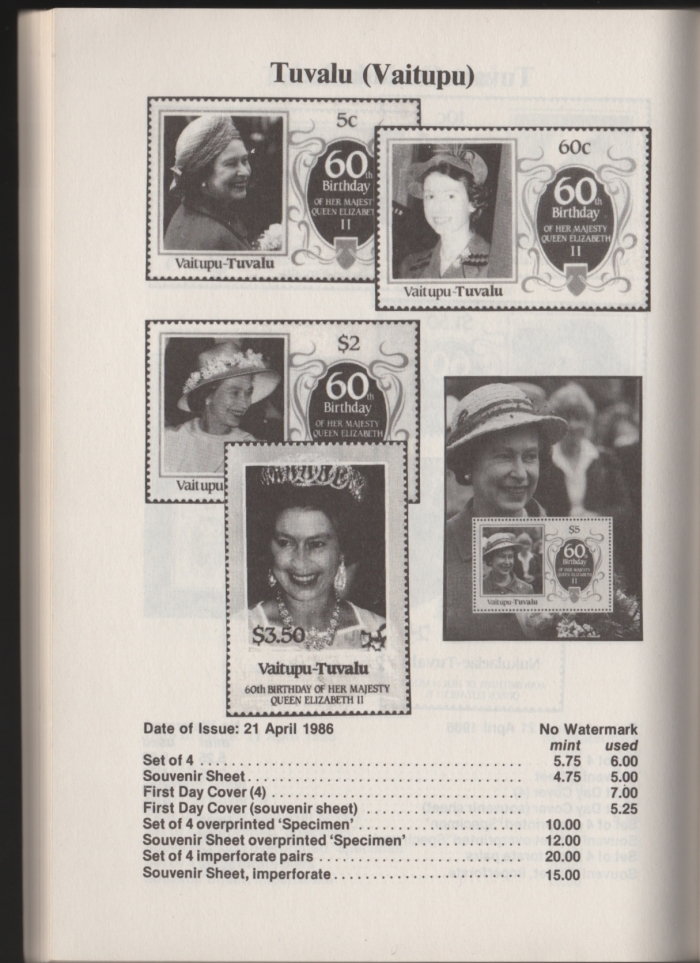 Urch Harris Ad Showing Tuvalu Vaitupu 1986 60th Birthday Stamps and Varieties