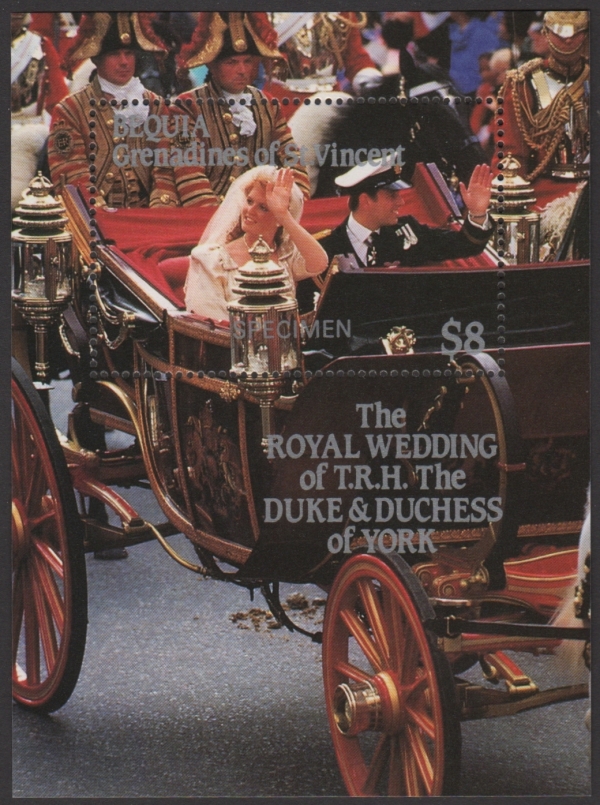Bequia 1986 Royal Wedding Perforated SPECIMEN Overprinted Souvenir Sheet Bequia 1986 Royal Wedding Perforated SPECIMEN Overprinted Souvenir Sheet