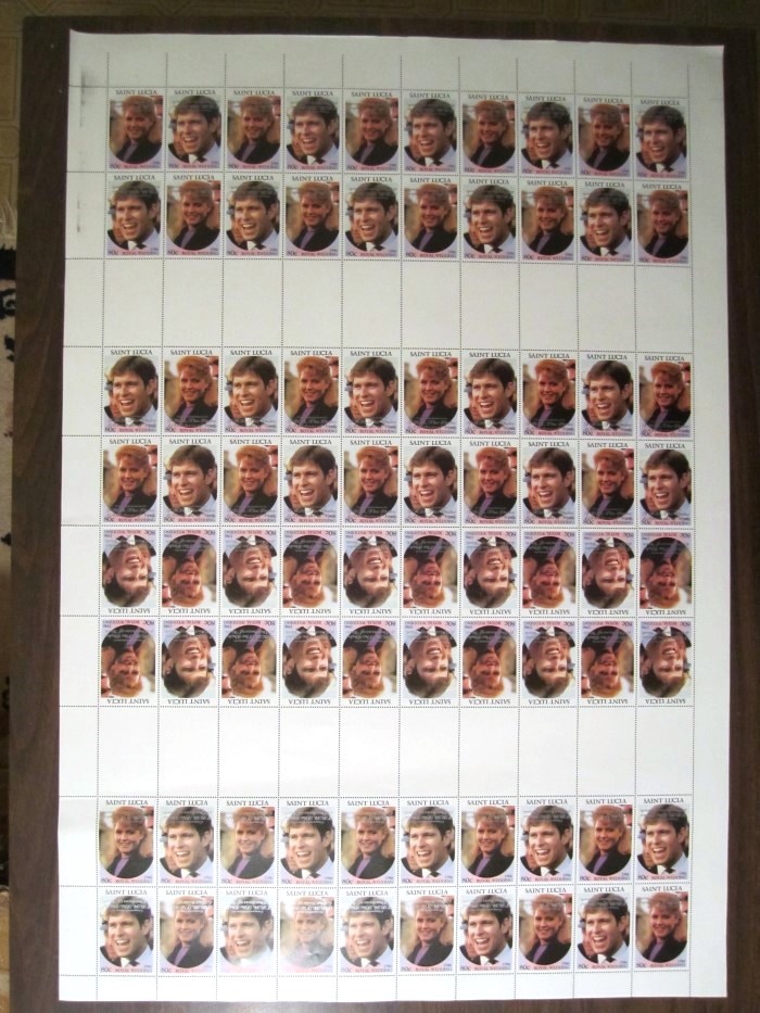 Saint Lucia 1986 Royal Wedding 80c 2nd Issue Perforated with Silver Overprint errors on Uncut Press Sheet Saint Lucia 1986 Royal Wedding 80c 2nd Issue Perforated with Silver Overprint errors on Uncut Press Sheet