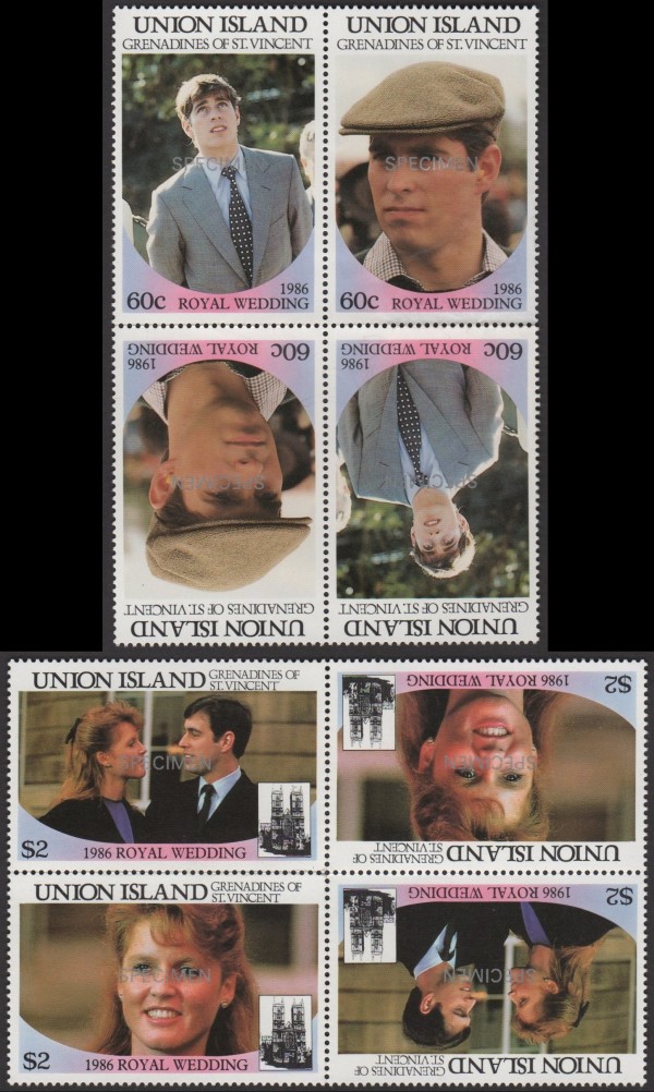 Union Island 1986 Royal Wedding Perforated Small SPECIMEN Overprinted Stamps Union Island 1986 Royal Wedding Perforated Small SPECIMEN Overprinted Stamps