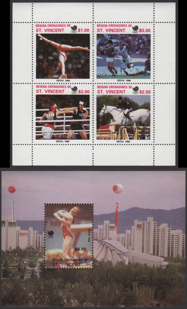 Saint Vincent Grenadines Bequia Unissued 1988 Olympic Games Stamp Sheetlet and Souvenir Sheet Saint Vincent Grenadines Bequia Unissued 1988 Olympic Games Stamp Sheetlet and Souvenir Sheet