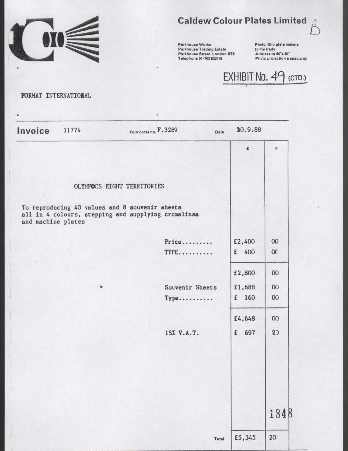 Plate Making Invoice for Unissued 1988 Seoul Olympic Games Stamps Plate Making Invoice for Unissued 1988 Seoul Olympic Games Stamps