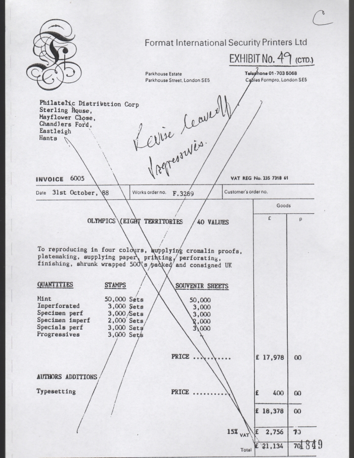 Original Invoice for Unissued 1988 Seoul Olympic Games Stamps Original Invoice for Unissued 1988 Seoul Olympic Games Stamps