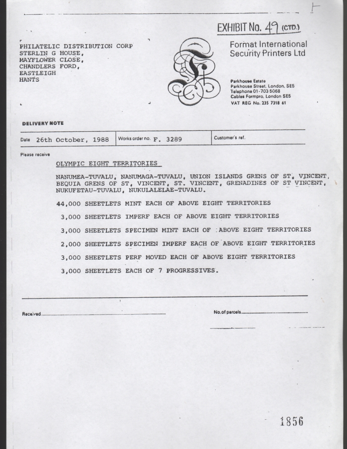 Final Invoice for Unissued 1988 Seoul Olympic Games Sheetlets Final Invoice for Unissued 1988 Seoul Olympic Games Sheetlets