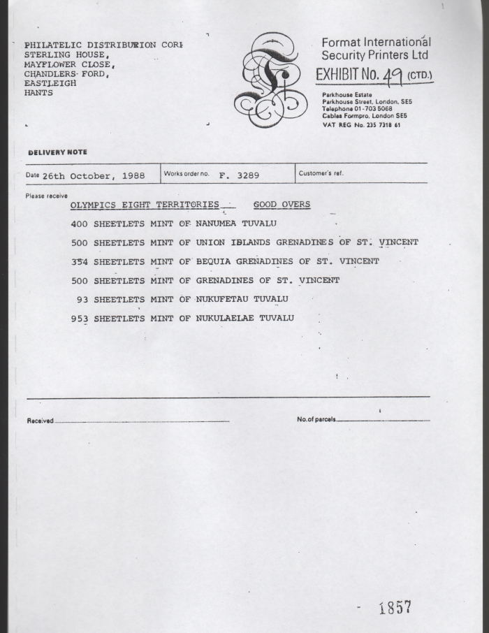 Final Invoice for Unissued 1988 Seoul Olympic Games Sheetlets GOOD OVERS Final Invoice for Unissued 1988 Seoul Olympic Games Sheetlets GOOD OVERS