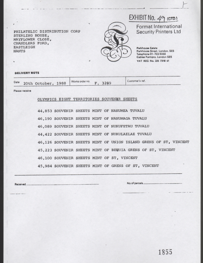 Final Invoice for Unissued 1988 Seoul Olympic Games Souvenir Sheets Final Invoice for Unissued 1988 Seoul Olympic Games Souvenir Sheets