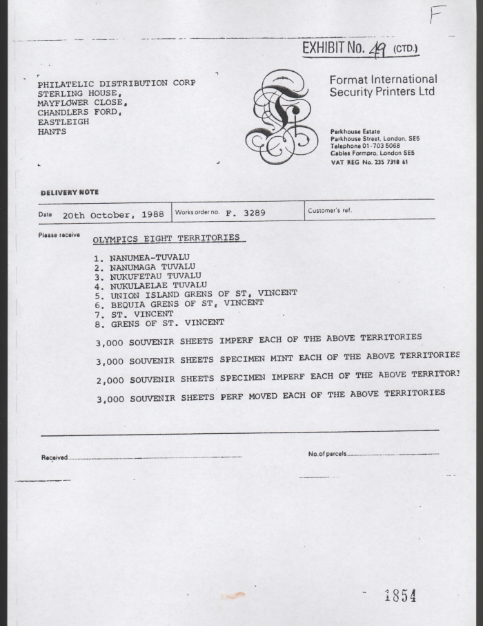 Final Invoice for Unissued 1988 Seoul Olympic Games Souvenir Sheet Varieties Final Invoice for Unissued 1988 Seoul Olympic Games Souvenir Sheet Varieties
