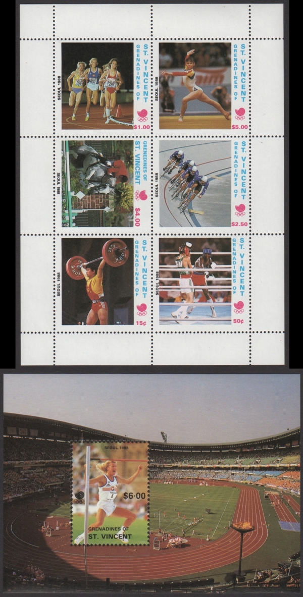 Saint Vincent Grenadines Unissued 1988 Olympic Games Stamp Sheetlet and Souvenir Sheet Saint Vincent Grenadines Unissued 1988 Olympic Games Stamp Sheetlet and Souvenir Sheet