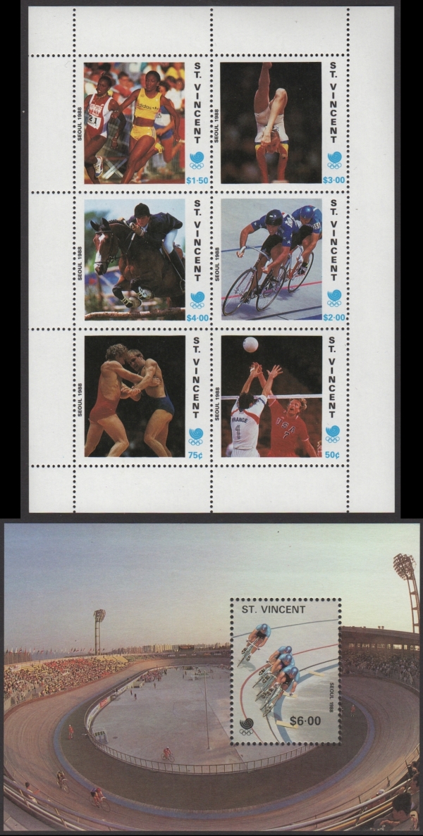 Saint Vincent Unissued 1988 Olympic Games Stamp Sheetlet and Souvenir Sheet Saint Vincent Unissued 1988 Olympic Games Stamp Sheetlet and Souvenir Sheet