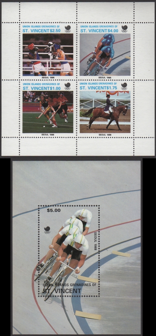 Saint Vincent Grenadines Union Island Unissued 1988 Olympic Games Stamp Sheetlet and Souvenir Sheet Saint Vincent Grenadines Union Island Unissued 1988 Olympic Games Stamp Sheetlet and Souvenir Sheet