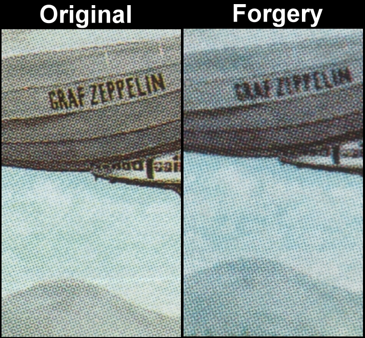Barbuda 1983 Graffic Zeppelin Fake with Original Screen and Color Comparison of Zeppelin Stamp Barbuda 1983 Graffic Zeppelin Fake with Original Screen and Color Comparison of Zeppelin Stamp