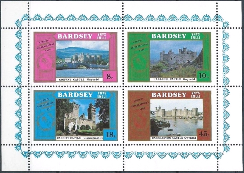 Bardsey Island 1980 London International Stamp Exhibition Castles Sheetlet of Carriage Labels Bardsey Island 1980 London International Stamp Exhibition Castles Sheetlet of Carriage Labels