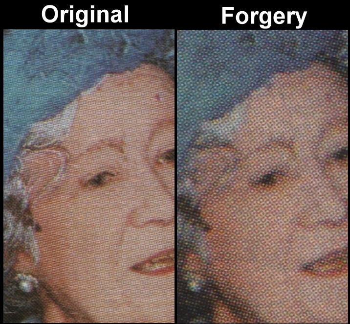 British Virgin Islands 1985 85th Birthday 75c Fake with Original Screen and Color Comparison of the Queens Face