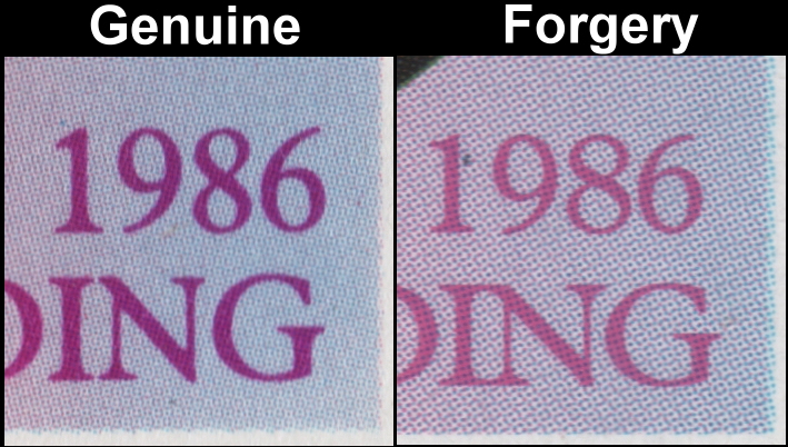 British Virgin Islands 1986 Royal Wedding Fake with Original Comparison of the Border