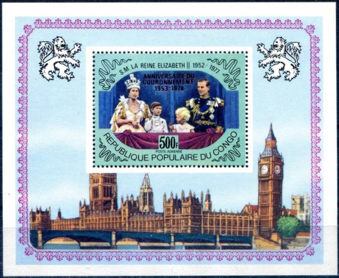 Congo 1978 25th Anniversary of the Coronation of Queen Elizabeth II Red Overprinted Souvenir Sheet Congo 1978 25th Anniversary of the Coronation of Queen Elizabeth II Red Overprinted Souvenir Sheet