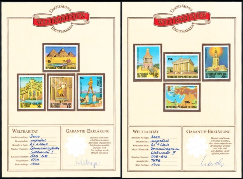 Congo 1978 Seven Ancient Wonders of the World Imperforate Stamps on Unofficial Cards Congo 1978 Seven Ancient Wonders of the World Imperforate Stamps on unofficial cards