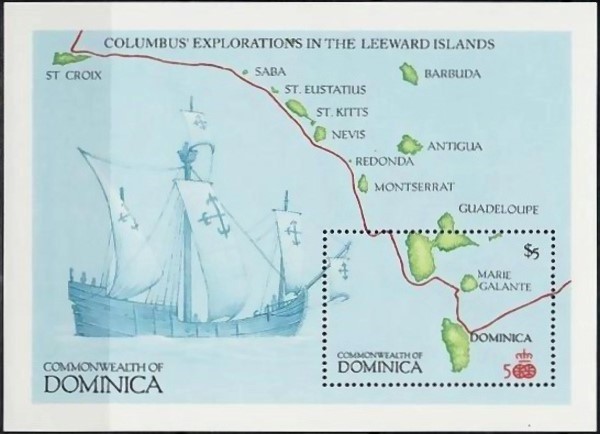 1987 Map of Columbus' Explorations in the Leeward Islands Souvenir Sheet 1987 Map of Columbus' Explorations in the Leeward Islands Souvenir Sheet