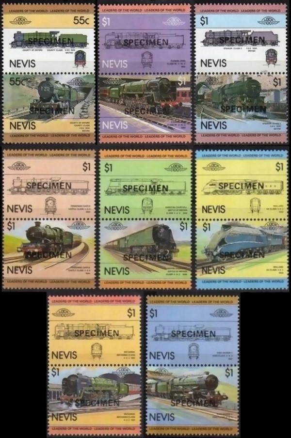 1983 Nevis Leaders of the World, Locomotives (1st series) SPECIMEN Overprinted Stamps 1983 Nevis Leaders of the World, Locomotives (1st series) SPECIMEN Overprinted Stamps