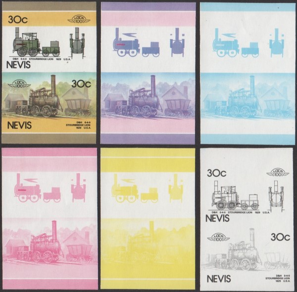 1986 Nevis Leaders of the World, Locomotives (5th series) Progressive Color Proof Stamps 1986 Nevis Leaders of the World, Locomotives (5th series) Progressive Color Proof Stamps
