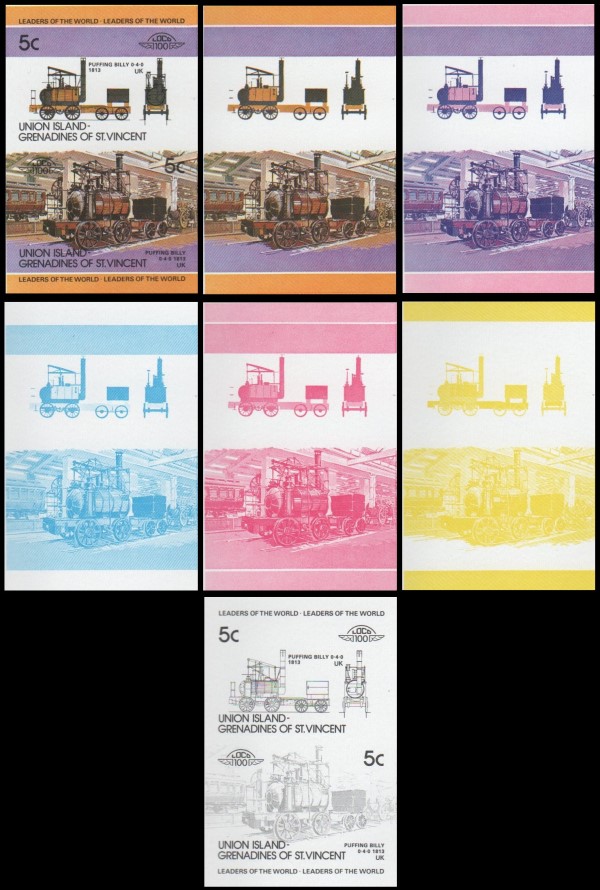 1984 Union Island Leaders of the World, Locomotives (1st series) Progressive Color Proof Stamps 1984 Union Island Leaders of the World, Locomotives (1st series) Progressive Color Proof Stamps